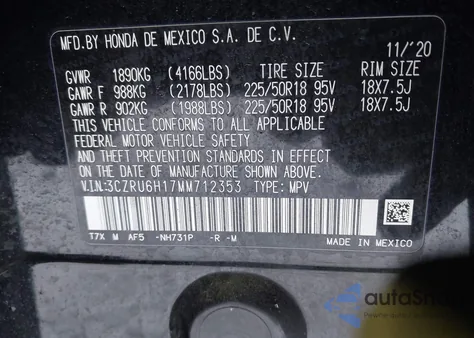 2021 Honda Hr-V Awd Sport z USA, uszkodzony, nr VIN 3CZRU6H17MM712353